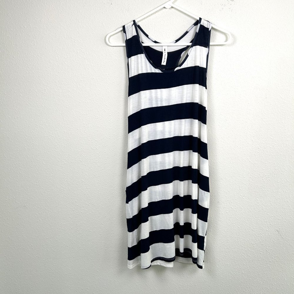 Vanilla Bay Dress Size L Blue White Striped Bow Nautical Sleeveless Pockets